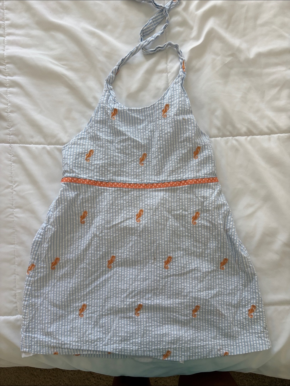 Light Blue Halter Dress with Orange Seahorse Embroidery - Kids